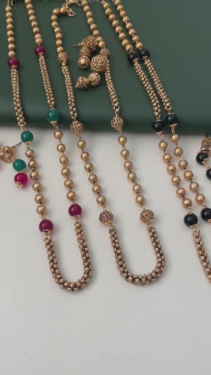 Antique gold plated short chain mala with matching earrings | Indian mala set
