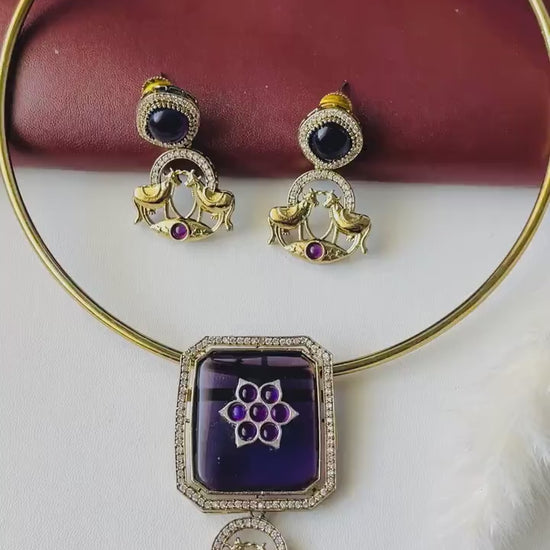 Gold Plated Kundan CZ Hasli Necklace Set: Purple Pendant & Earrings