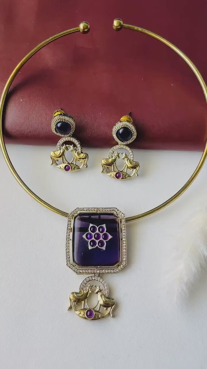 Gold Plated Kundan CZ Hasli Necklace Set: Purple Pendant & Earrings