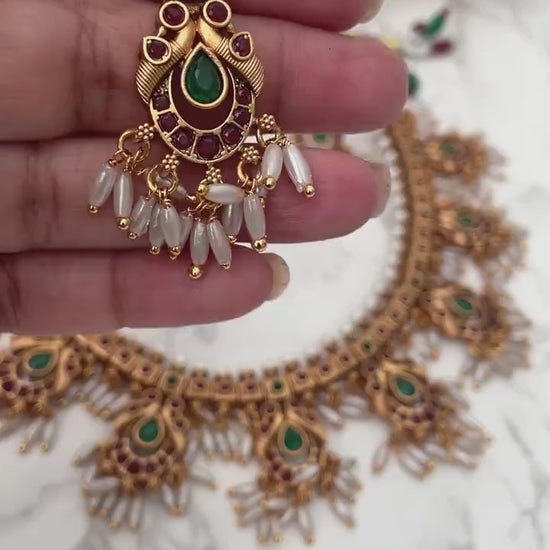 Kemp Stone & Pearl Necklace Set: Gold Plated South Indian Jewelry