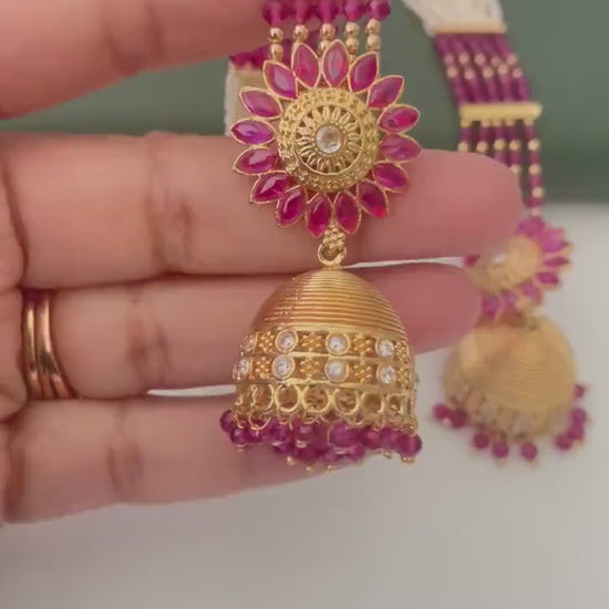 Gold Plated Jhumki Earrings with Ear Chain: Bridal Jewelry