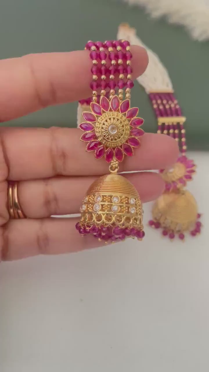 Gold Plated Jhumki Earrings with Ear Chain: Bridal Jewelry