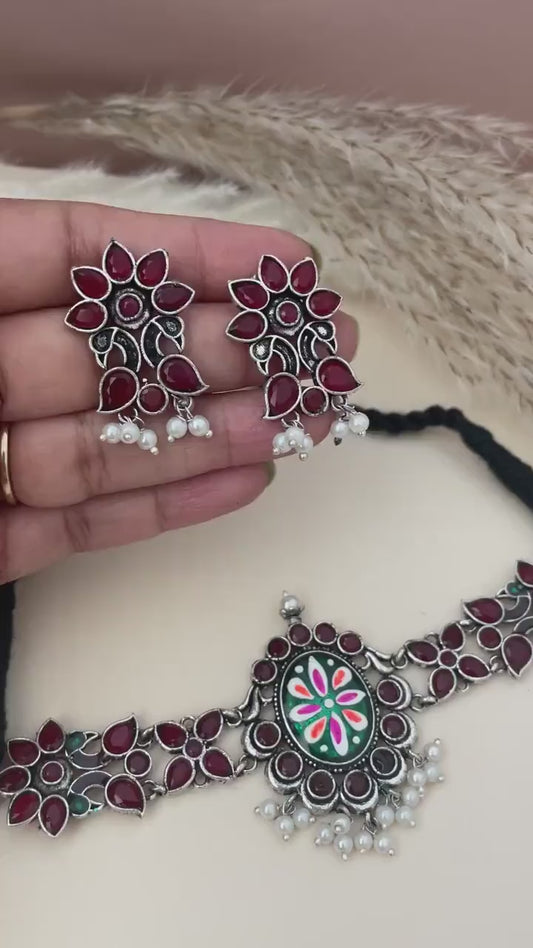 Oxidized Hand-Painted Choker Set: Colorful Stone Necklace