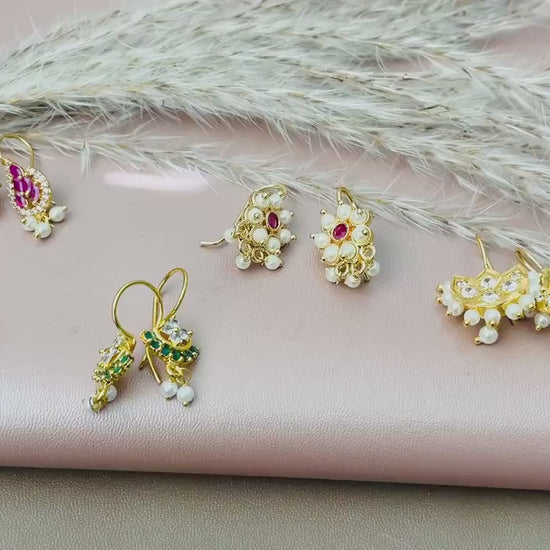 Maharashtrian Bugadi Earrings: Moti, CZ Ruby, Pearl Clip-Ons