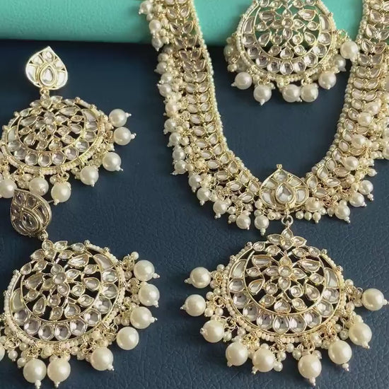 Gold plated kundan and pearl Necklace set with maang tika and Chandbali