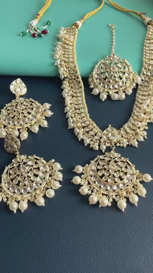 Gold plated kundan and pearl Necklace set with maang tika and Chandbali