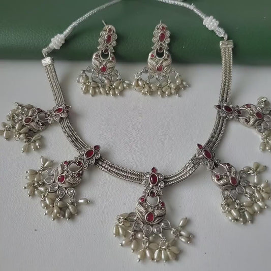 Kemp Stone & Pearl Necklace Set: Silver Plated South Indian Jewelry
