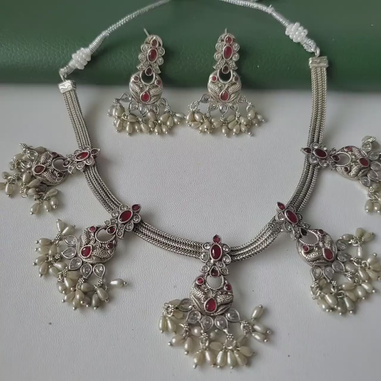 Kemp Stone & Pearl Necklace Set: Silver Plated South Indian Jewelry