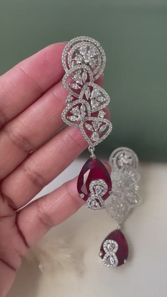 Ruby & Cubic Zirconia Drop Earrings: Silver Plated Party Jewelry