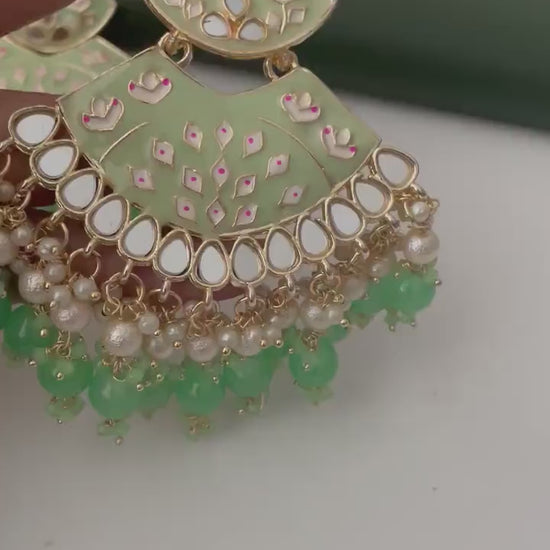 Mint color Minakari Pearl and mint beads Jhumka Earrings: Indian Bollywood Jewelry