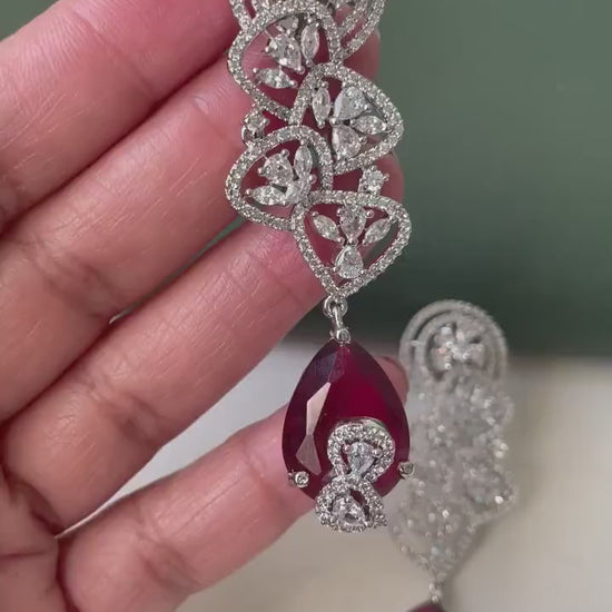 Ruby & Cubic Zirconia Drop Earrings: Silver Plated Party Jewelry