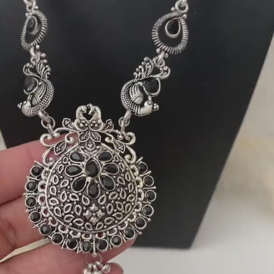 Nysaa Peacock themed Oxidized Necklace set with black stones long earrings
