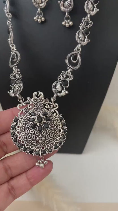 Nysaa Peacock themed Oxidized Necklace set with black stones long earrings