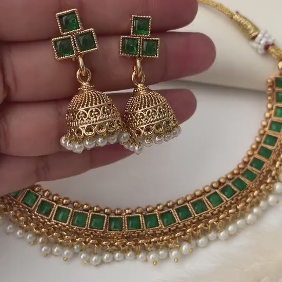 Green Stone Pearl Gold Plated Necklace Set