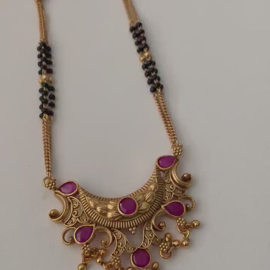 Traditional antique gold plated kemp stone temple mangalsutra with earrings