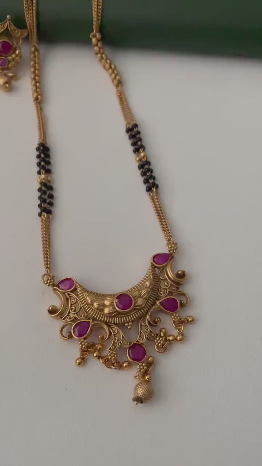 Traditional antique gold plated kemp stone temple mangalsutra with earrings