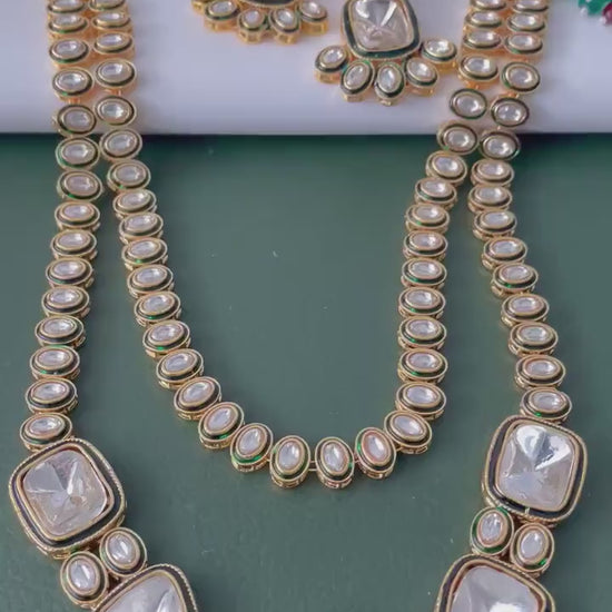 Gold Plated Kundan long layered Necklace Set: Indian Bridal Jewelry