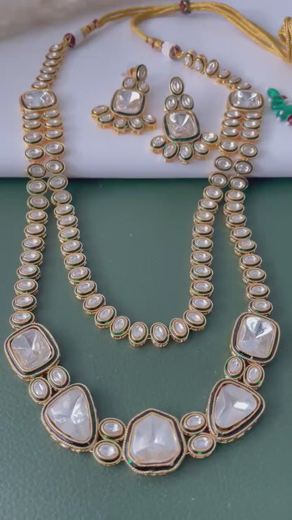 Gold Plated Kundan long layered Necklace Set: Indian Bridal Jewelry