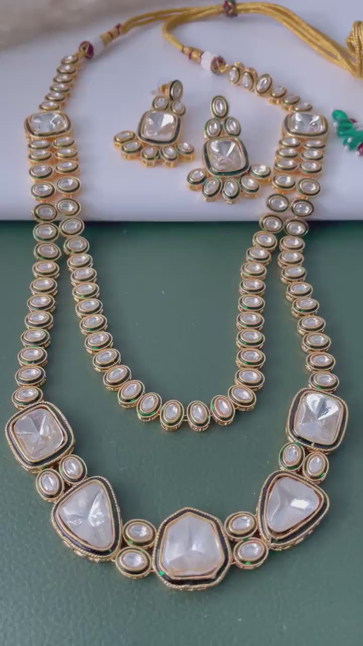 Gold Plated Kundan long layered Necklace Set: Indian Bridal Jewelry