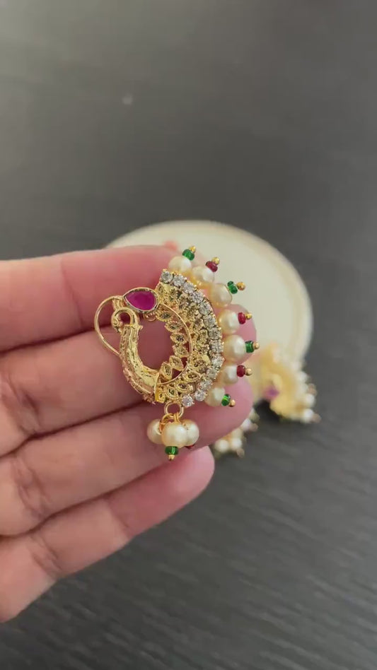 Maharashtrian Pearl Nath: Gold Plated Nose Clip-On - Traditional Indian Jewelry