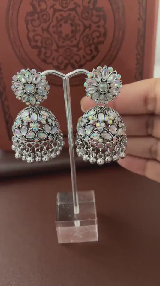 Oxidized Jhumkis rhinestone Earrings: Traditional Indian Style, 2-inch Length