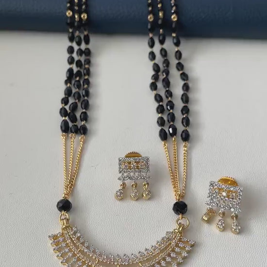Three strand CZ pendant gold plated black beaded Mangalsutra
