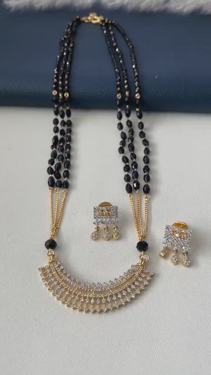 Three strand CZ pendant gold plated black beaded Mangalsutra