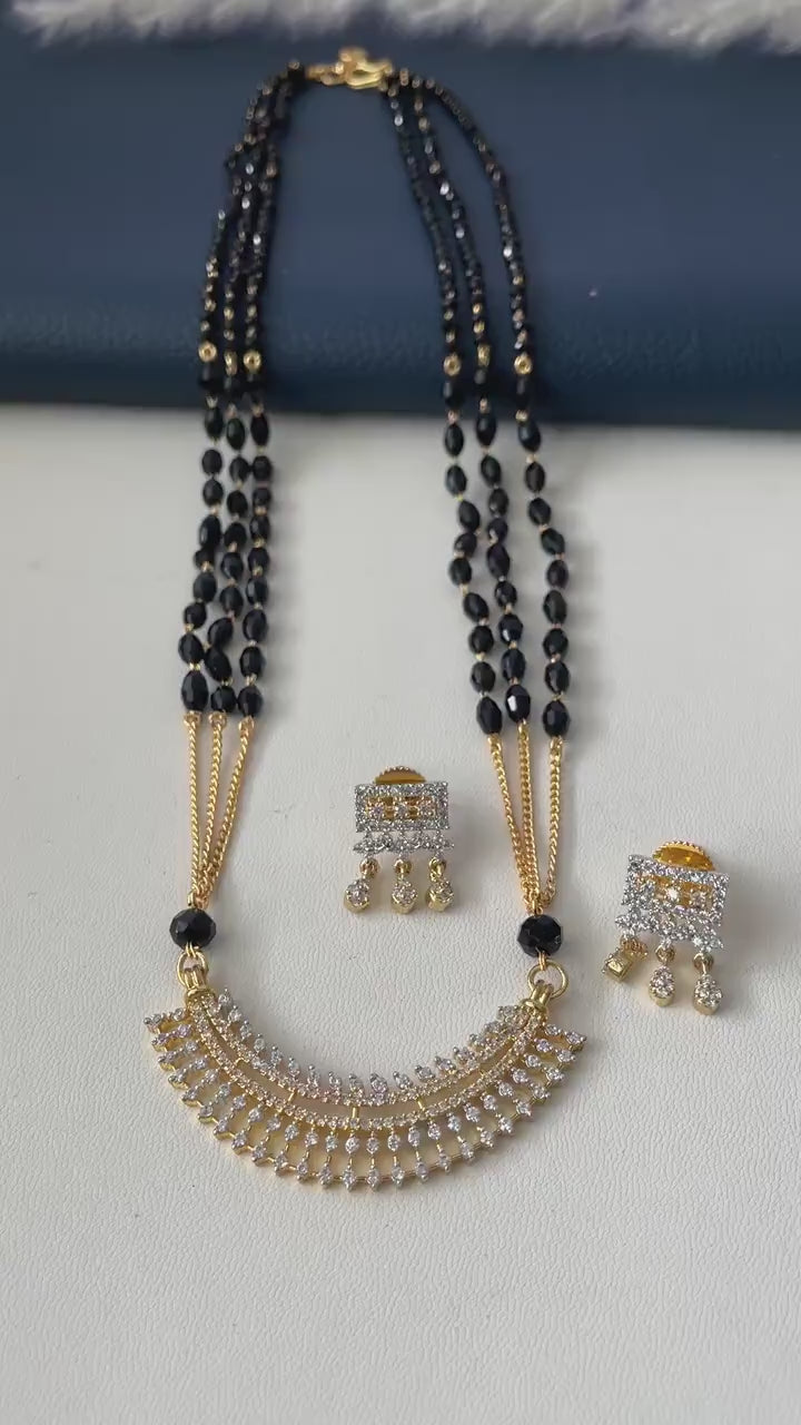 Three strand CZ pendant gold plated black beaded Mangalsutra