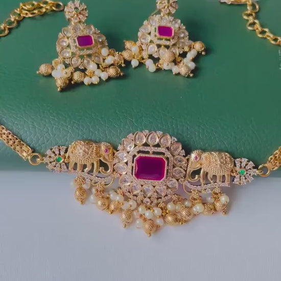 Ruby and green kemp stone pearl and CZ  dainty necklace set