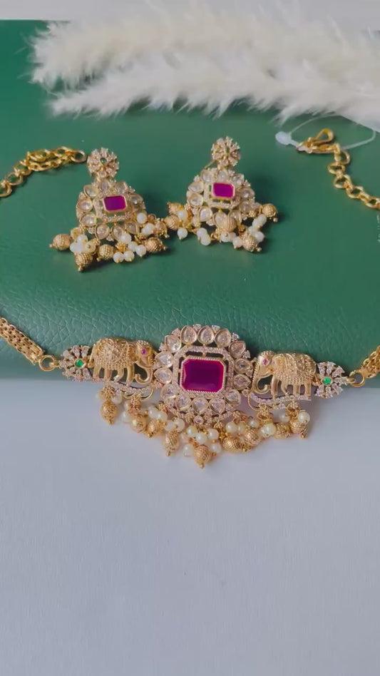 Ruby and green kemp stone pearl and CZ  dainty necklace set