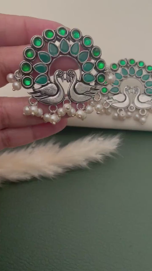 Emerald Peacock Earrings: Oxidized Silver, Lightweight Temple Jewelry