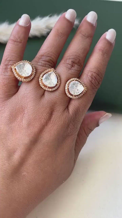 Gold Plated  kundan and CZ two finger ring | Kundan and gold plated trendy statement ring