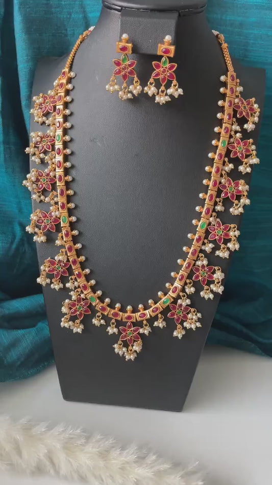 Kemp Stone Guttapusalu Necklace Set: Ruby Green Gold Plated Haaram
