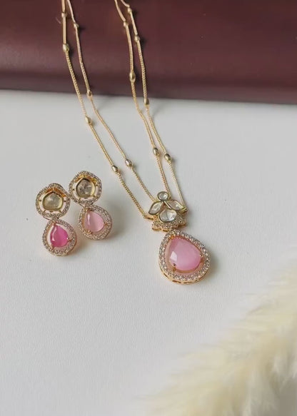 Gold Plated Kundan CZ Necklace Set: Layered Pendant, Festive Jewelry