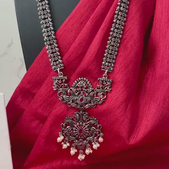 Oxidized Silver Necklace Set: Long Haaram Jhumki Jewelry