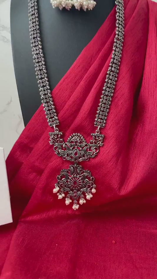 Oxidized Silver Necklace Set: Long Haaram Jhumki Jewelry