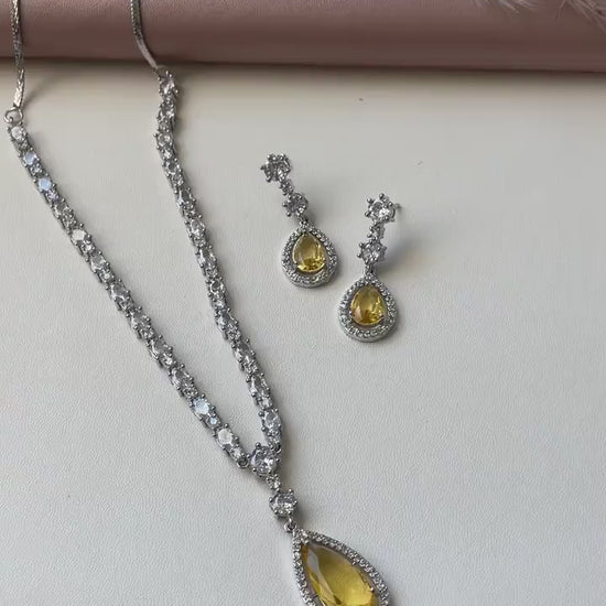 Blue Cubic Zirconia Necklace Set: Rhodium Plated Indian Jewelry