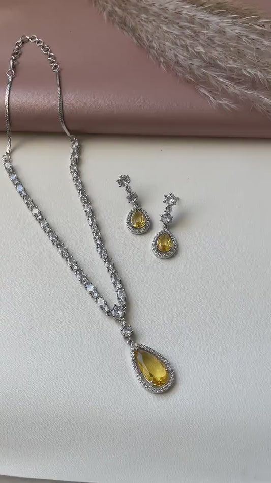 Blue Cubic Zirconia Necklace Set: Rhodium Plated Indian Jewelry