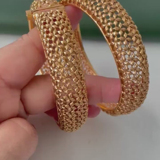 Gold Plated Indian broad openable bangles : Small flower motif