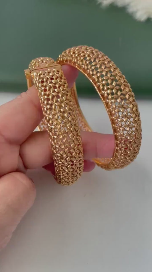 Gold Plated Indian broad openable bangles : Small flower motif