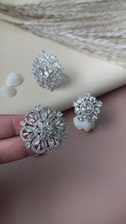 Cubic Zirconia Cocktail Ring: Rhodium Plated Adjustable Statement Ring