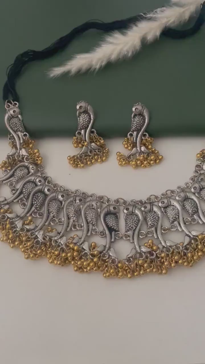 Dual tone choker | Black Oxidised ghungaroo necklace with earrings | Bollywood Jewelry