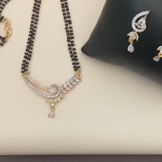 American Diamond Mangalsutra with Earrings: Gold Plated Dual Tone Necklace