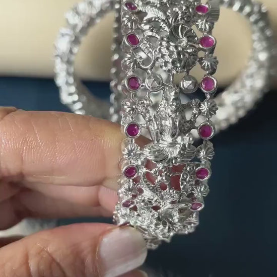 Silver Lookalike Temple Bangles: Lakshmi Peacock Kada with Red Gemstones