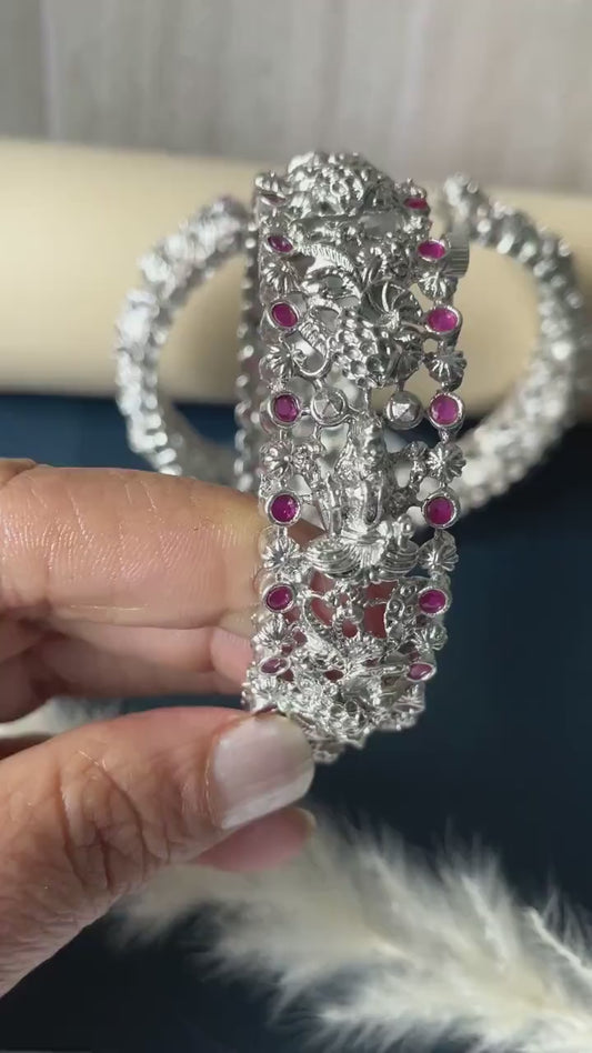 Silver Lookalike Temple Bangles: Lakshmi Peacock Kada with Red Gemstones