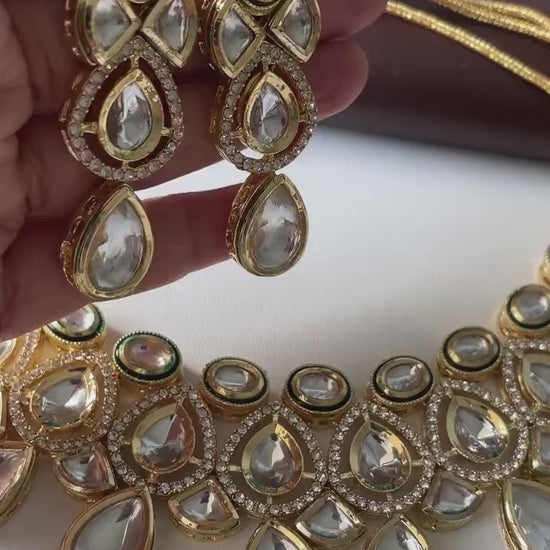 Gold Plated Kundan CZ Collar Necklace Set: Indian Bridal Jewelry