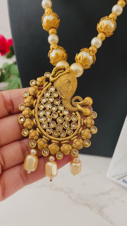 Rajawadi Polish Ganapati Pendant Necklace Set: Antique Gold Pearl Jewelry