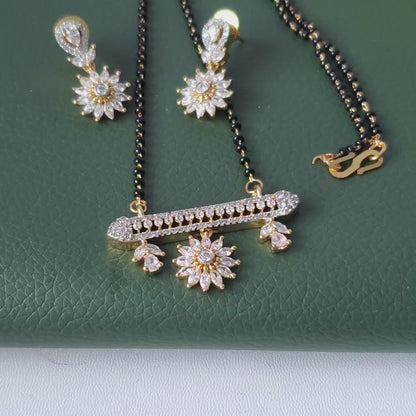 CZ pendant gold plated black beaded Mangalsutra with earrings