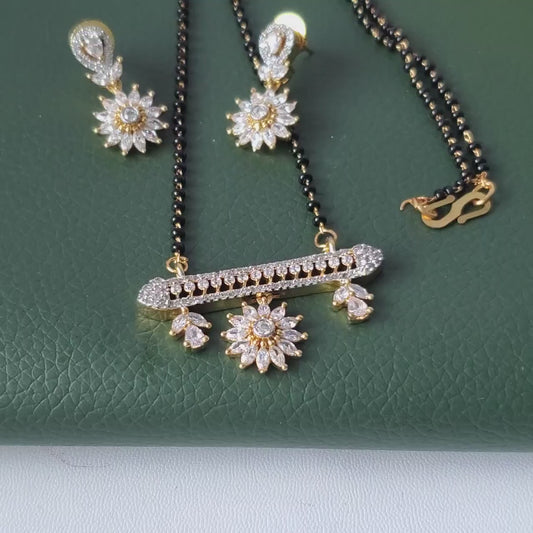 CZ pendant gold plated black beaded Mangalsutra with earrings