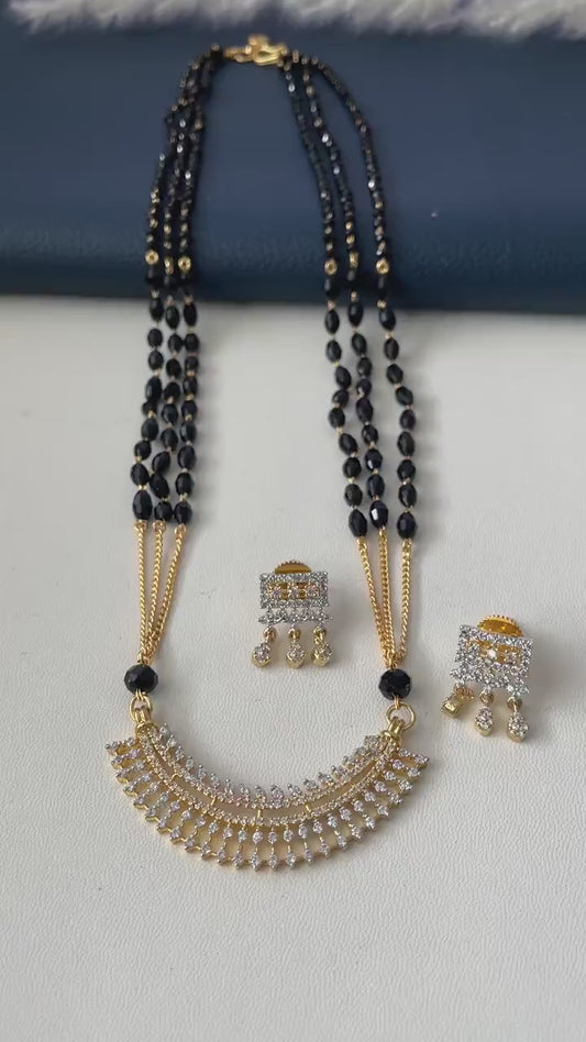 Three strand CZ pendant gold plated black beaded Mangalsutra